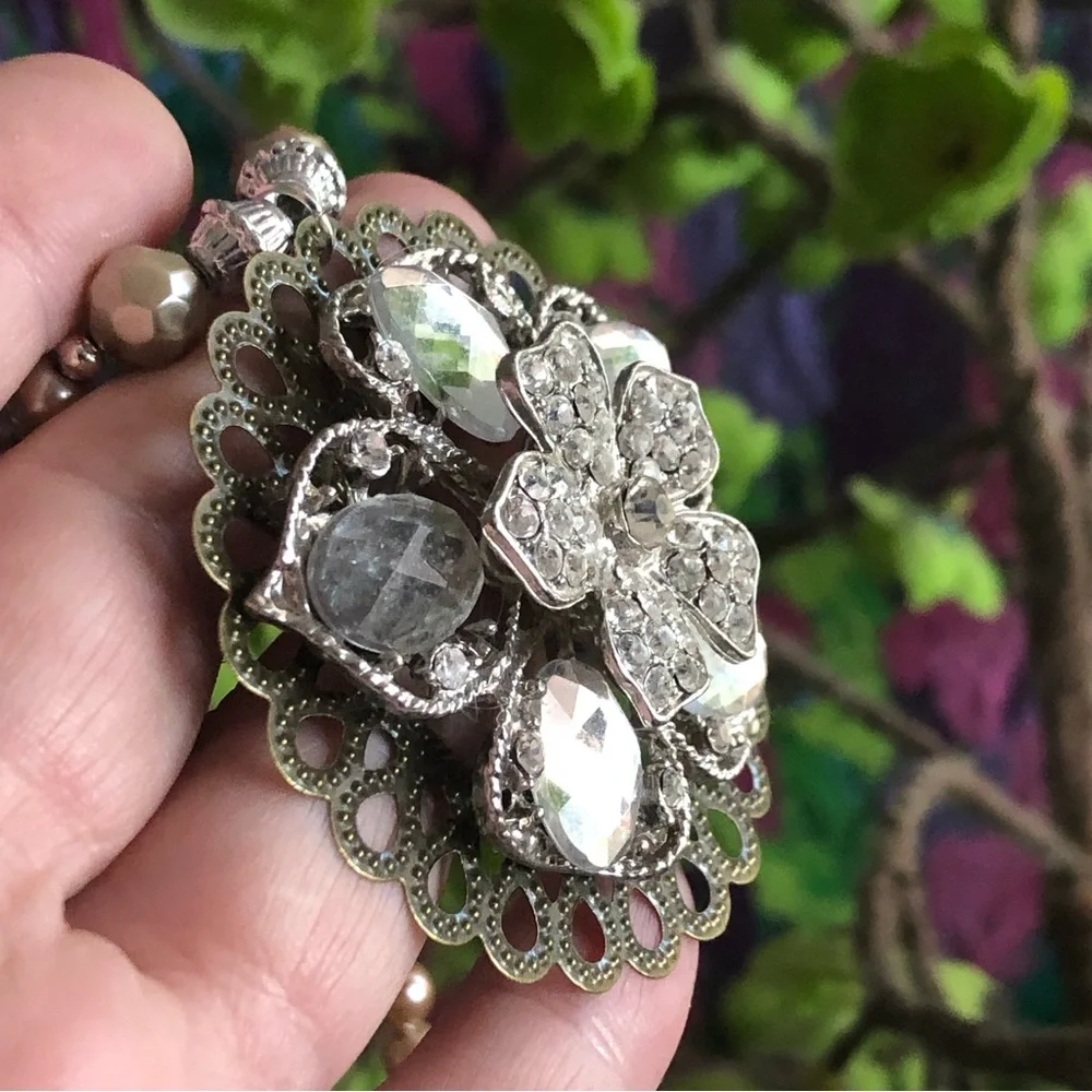 Handcrafted repurpose floral stone filigree pendant Czech glass Pearl necklace